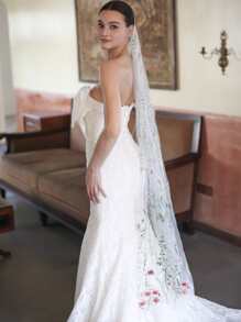 1 件花卉刺绣叶子和蝴蝶新娘长头纱，乡村风格女士秋装 - 彩色 - 查看 4