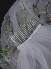 1 件花卉刺绣叶子和蝴蝶新娘长头纱，乡村风格女士秋装 - 彩色 - 查看 7