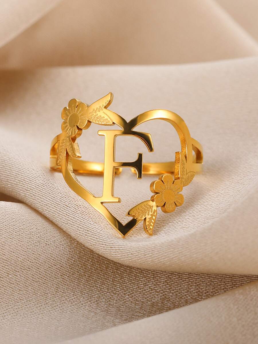 1 件不锈钢玫瑰花形字母戒指，情人节礼物，姓氏首字母戒指情人节、妈妈、母亲、母亲节、礼物 - 金黃色 - 查看 1