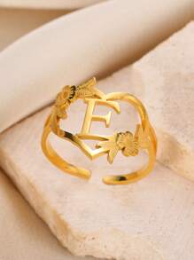 1 件不锈钢玫瑰花形字母戒指，情人节礼物，姓氏首字母戒指情人节、妈妈、母亲、母亲节、礼物 - 金黃色 - 查看 3