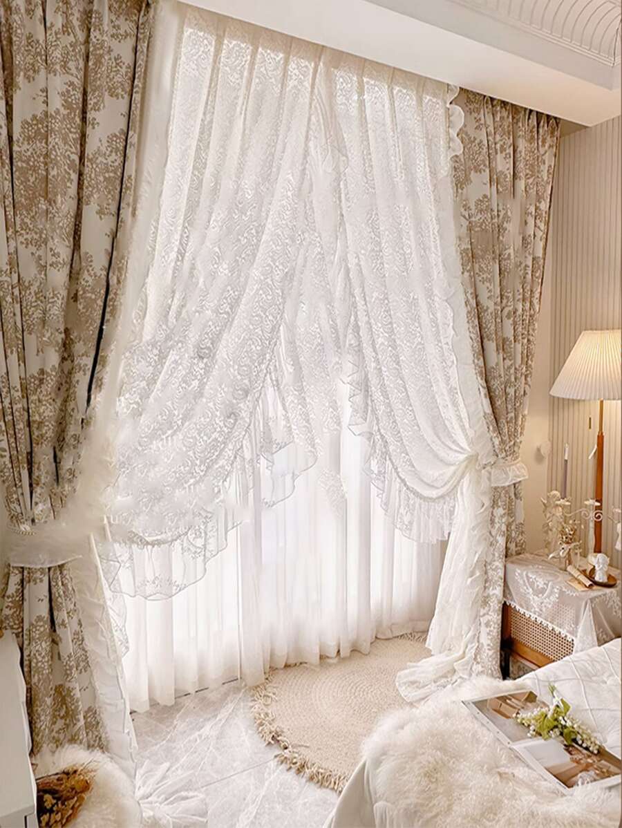 1入密碼花呢落成的高端豪華法式浪漫復古奶油色客廳/臥室窗簾布料 - 彩色 - 查看 1