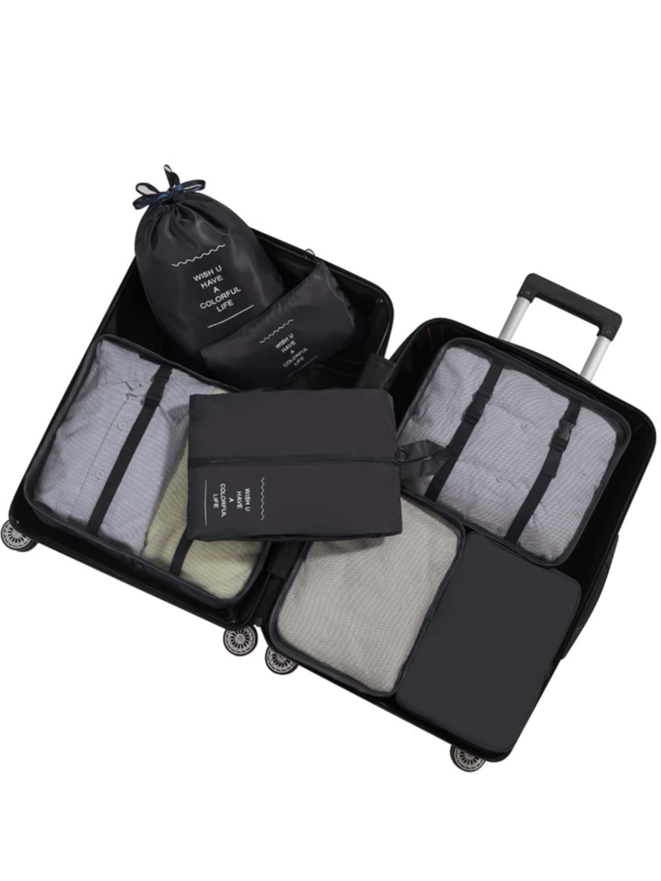 7入組標語圖案旅行包裝袋 - 黑色 - 查看 1