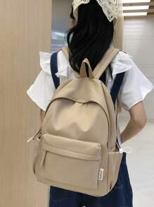 素色簡約學院風格背包書包，適合畢業生、青少年女孩、新生、大二、大三、大學、大學和高中，非常適合戶外、旅行和返校 - 卡其色 - 查看 5