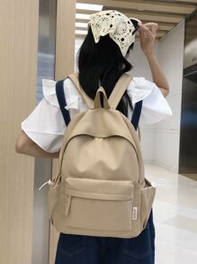 素色簡約學院風格背包書包，適合畢業生、青少年女孩、新生、大二、大三、大學、大學和高中，非常適合戶外、旅行和返校 - 卡其色 - 查看 6