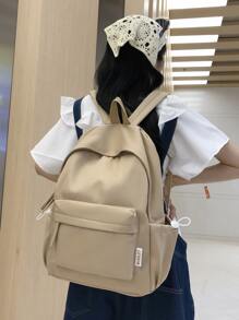 素色簡約學院風格背包書包，適合畢業生、青少年女孩、新生、大二、大三、大學、大學和高中，非常適合戶外、旅行和返校 - 卡其色 - 查看 2