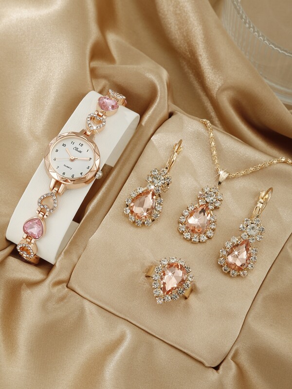 1 Stück Damenuhr mit Roségold Edelstahlarmband, glamourösem Herzanhänger mit Strass und rundem Zifferblatt mit Quarzwerk & 4 Stück Schmuckset, als Geschenk für Studenten zur Rückkehr in die Schule geeignet
