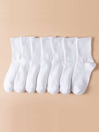 7 Pairs White Socks , Mid-Calf, Fashionable, Suitable For 4 Seasons, Couples Sports Socks