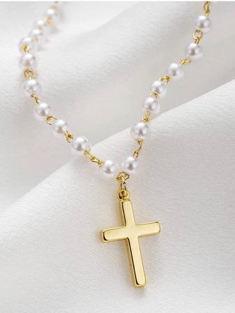 1 pieza Collar con colgante de cruz y perla falsa de cobre de moda multicolor para mujer