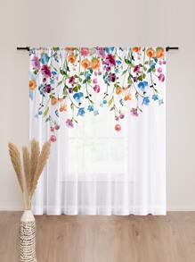 1 pieza Cortina de colores con patrón de flor verano transparente ventana fruncido - Multicolor - Ver 2