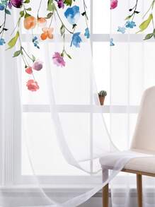1 pieza Cortina de colores con patrón de flor verano transparente ventana fruncido - Multicolor - Ver 3