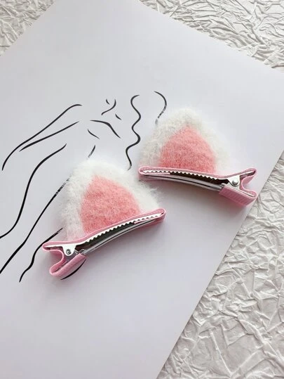 2pcs Watermelon Pink Plush Cat Ear Hair Clips, Soft Fabric Edged, Won't Damage Hair