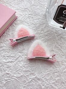 2pcs Watermelon Pink Plush Cat Ear Hair Clips, Soft Fabric Edged, Won't Damage Hair - Watermelon Pink - View 3