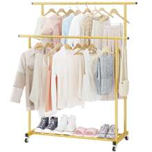 Double Rod Clothing Garment Rack,Rolling Hanging Clothes Rack,Portable Clothes Organizer for Bedroom,Living Room,Clothing Store - Gold - View 2