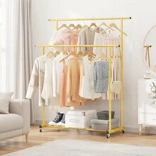 Double Rod Clothing Garment Rack,Rolling Hanging Clothes Rack,Portable Clothes Organizer for Bedroom,Living Room,Clothing Store - Gold - View 3