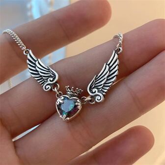 1 Pc Rainbow Crystal Geometric Heart Wing Crown Pendant Necklace