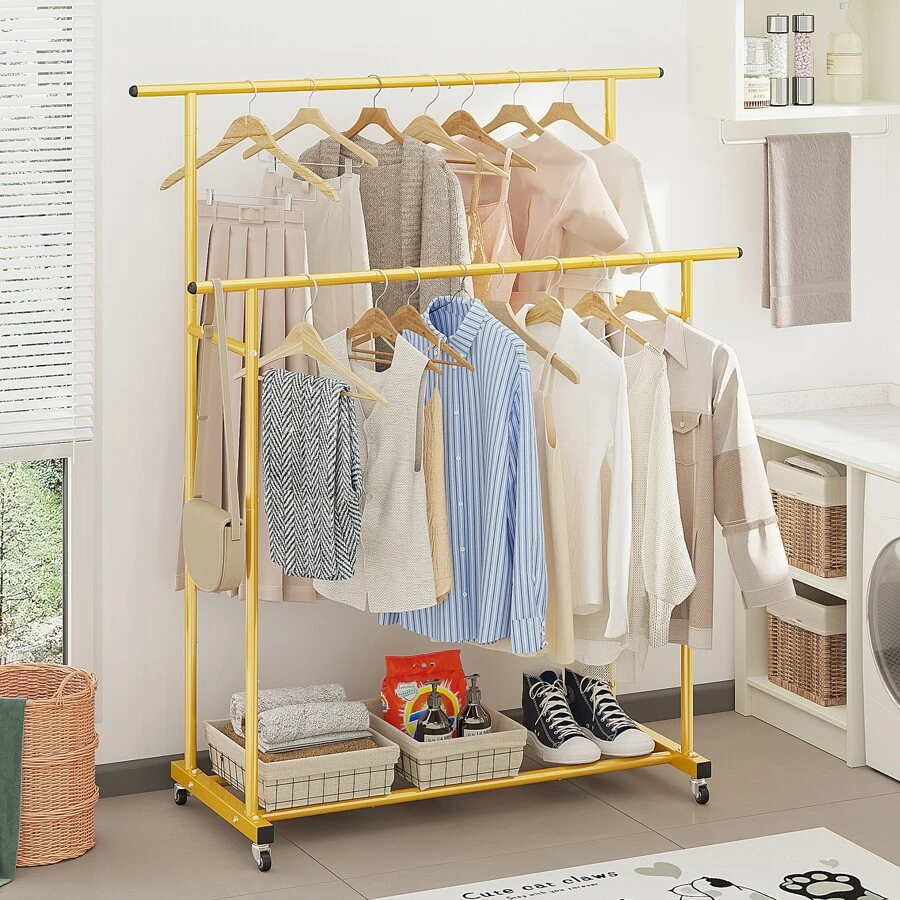 Double Rod Clothing Garment Rack,Rolling Hanging Clothes Rack,Portable Clothes Organizer for Bedroom,Living Room,Clothing Store - Gold - View 1