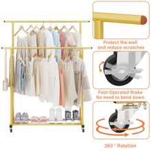 Double Rod Clothing Garment Rack,Rolling Hanging Clothes Rack,Portable Clothes Organizer for Bedroom,Living Room,Clothing Store - Gold - View 6