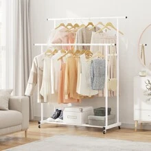 Double Rod Clothing Garment Rack,Rolling Hanging Clothes Rack,Portable Clothes Organizer for Bedroom,Living Room,Clothing Store - White - View 3