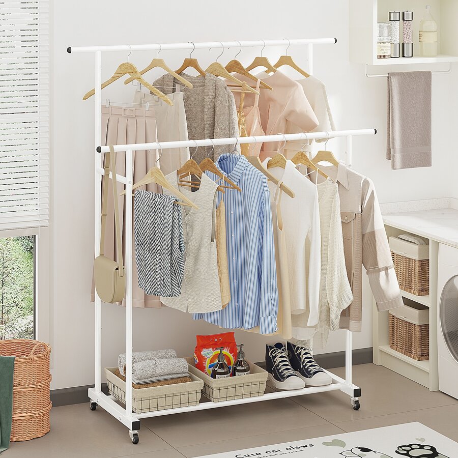 Double Rod Clothing Garment Rack,Rolling Hanging Clothes Rack,Portable Clothes Organizer for Bedroom,Living Room,Clothing Store - White - View 1