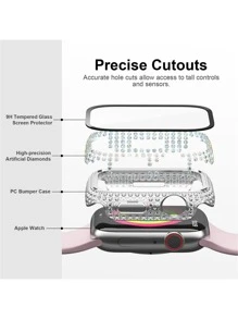 2入組/套彩色閃亮水鑽 Apple Watch 保護殼，帶垂直鋼化玻璃屏幕保護膜，兼容 Apple Watch 8/7 系列，保護殼和屏幕保護膜一體，適合 41/45 毫米 - 粉色 - 查看 4