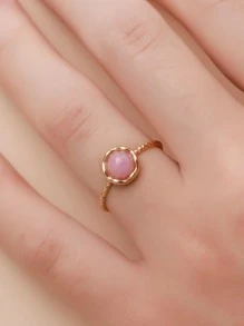 1入組時尚 14k 鍍金不銹鋼和天然石材裝飾開口戒指適合女士日常佩戴和送禮 - 彩色 - 查看 1