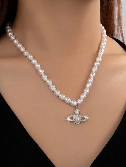 1pc Women's Fashionable Multi-Pendant Necklace, Featuring Vintage Rhinestone, Planet, Heart, Pearl, Oval Pendants, Suitable For Party, Daily Wear, And Gift