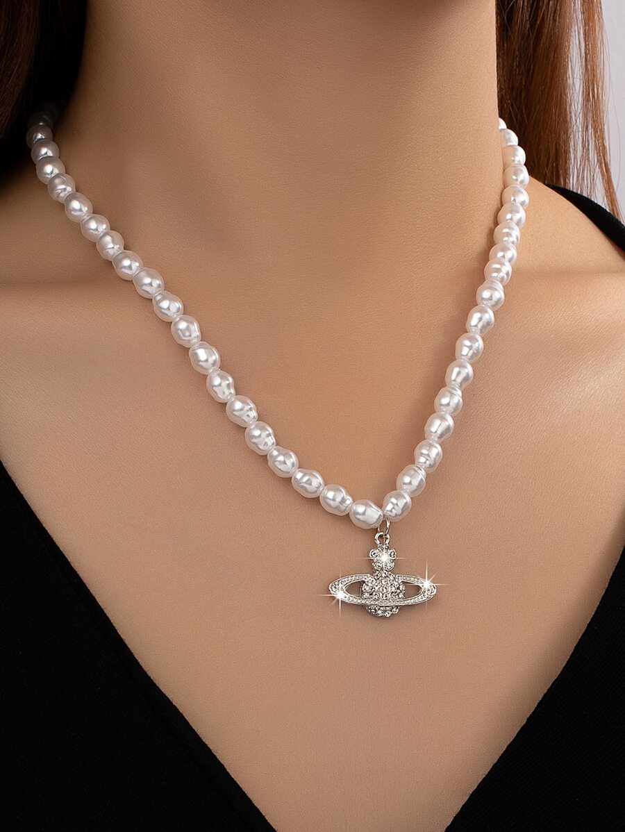 1 chiếc vòng cổ nhiều mặt thời trang dành cho nữ, có đính đá Rhinestone cổ điển, hình hành tinh, hình trái tim, hình ngọc trai, hình bầu dục, thích hợp cho tiệc tùng, đeo hàng ngày và làm quà tặng - trắng - Xem 1