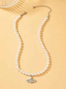 1 pieza Collar con colgante de moda para mujer talla grande vendido en plata, con surtido de estilos de adornos de strass, retratos, planetas, corazones, perlas, óvalos, joya elegante y vintage para fiesta y regalo