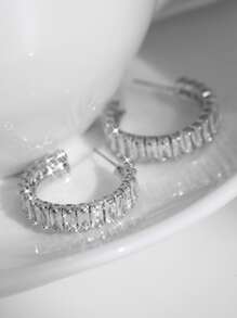 Full Rectangle Shiny Cubic Zirconia Decor Hoop Earrings Copper Silver Plated Jewelry Gift For Women Girls