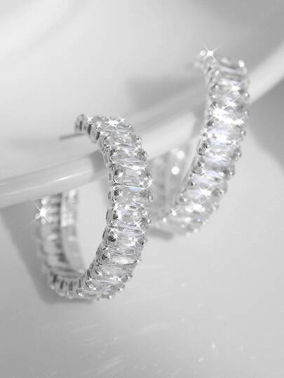 長方形閃亮立方氧化鋯裝飾耳環，銅銀電鍍珠寶時尚女禮物