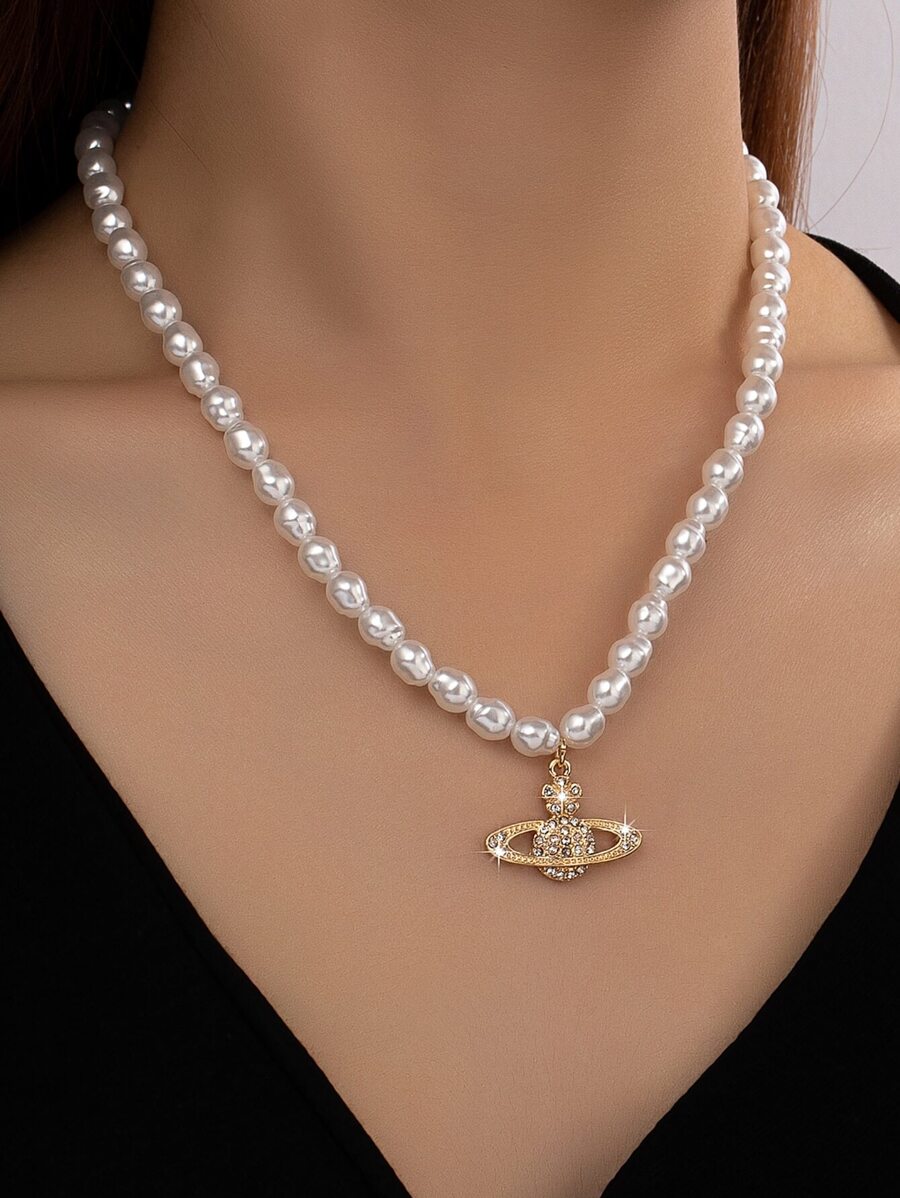 1 chiếc vòng cổ nhiều mặt thời trang dành cho nữ, có đính đá Rhinestone cổ điển, ngôi sao, trái tim, ngọc trai, mặt dây chuyền hình bầu dục, thích hợp cho tiệc tùng, đeo hàng ngày và làm quà tặng - trắng - Xem 1