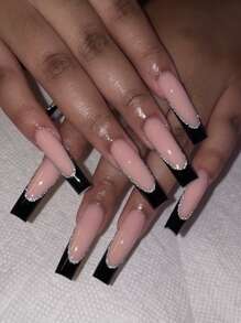 24pcs Xxl Coffin Shaped Wearable False Nails, Black French Style With High Silver Glitter Line, With 1 Nail File And 1 Jelly Glue Long Nails Press On Nails Nail Supplies