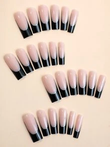 24pcs Xxl Coffin Shaped Wearable False Nails, Black French Style With High Silver Glitter Line, With 1 Nail File And 1 Jelly Glue Long Nails Press On Nails Nail Supplies