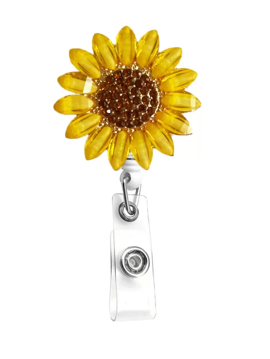 Retractable Rhinestone Sunflower Badge Reels Holders With Alligator Clip For Nurses, Doctor, Office Worker Back To School - Yellow - View 1