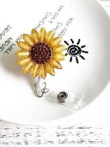 Retractable Rhinestone Sunflower Badge Reels Holders With Alligator Clip For Nurses, Doctor, Office Worker Back To School - Yellow - View 3