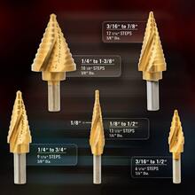 6入組鈦螺旋帶紋道鑽頭套裝帶自動中心打孔,鑽頭套裝適用於鈑金帶鋁殼套,多種洞階梯式適用於DIY戀人 - 金色 - 查看 3