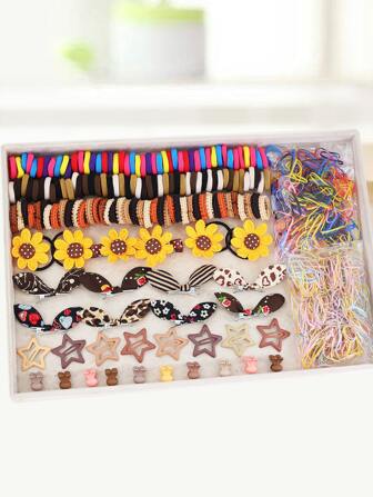 782入組/套女式咖啡色花朵和五角星設計髮夾和頭繩髮飾套裝