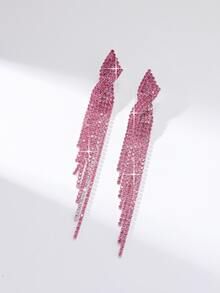 1對水鑽流蘇懸垂耳環適合女士 - 玫紅色 - 查看 2