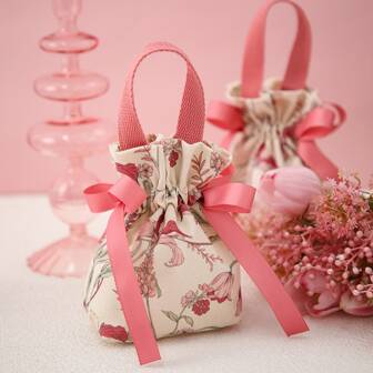 1pc Exquisite Printed Drawstring Small Gift Bag/Festival Souvenir Bag, Pink