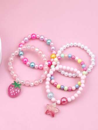 5pcs Girls Strawberry & Star Decor Plastic Cute Beaded Bracelet For Daily Decoration