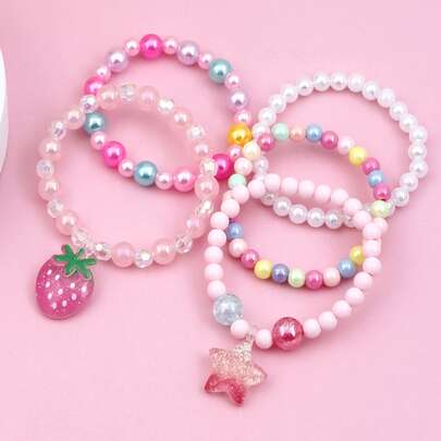 5pcs/Set Girls' Cute Resin Pentagram & Strawberry Charm Bracelet Set, Colorful Beaded Jewelry Accessories, Random Color, Suitable For Girls' Holiday Party Gift