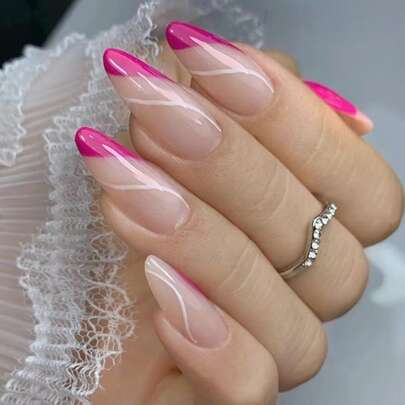 24pcs/box Pink Almond Shaped Press On Nails With Triangular & Diagonal Line Design, 1pc Nail File And 1pc Double-sided Adhesive Tape