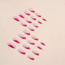 24入組/盒粉色杏仁形按壓指甲，帶三角形和對角線設計，1入組指甲銼和1入組雙面膠帶 - 彩色 - 查看 2