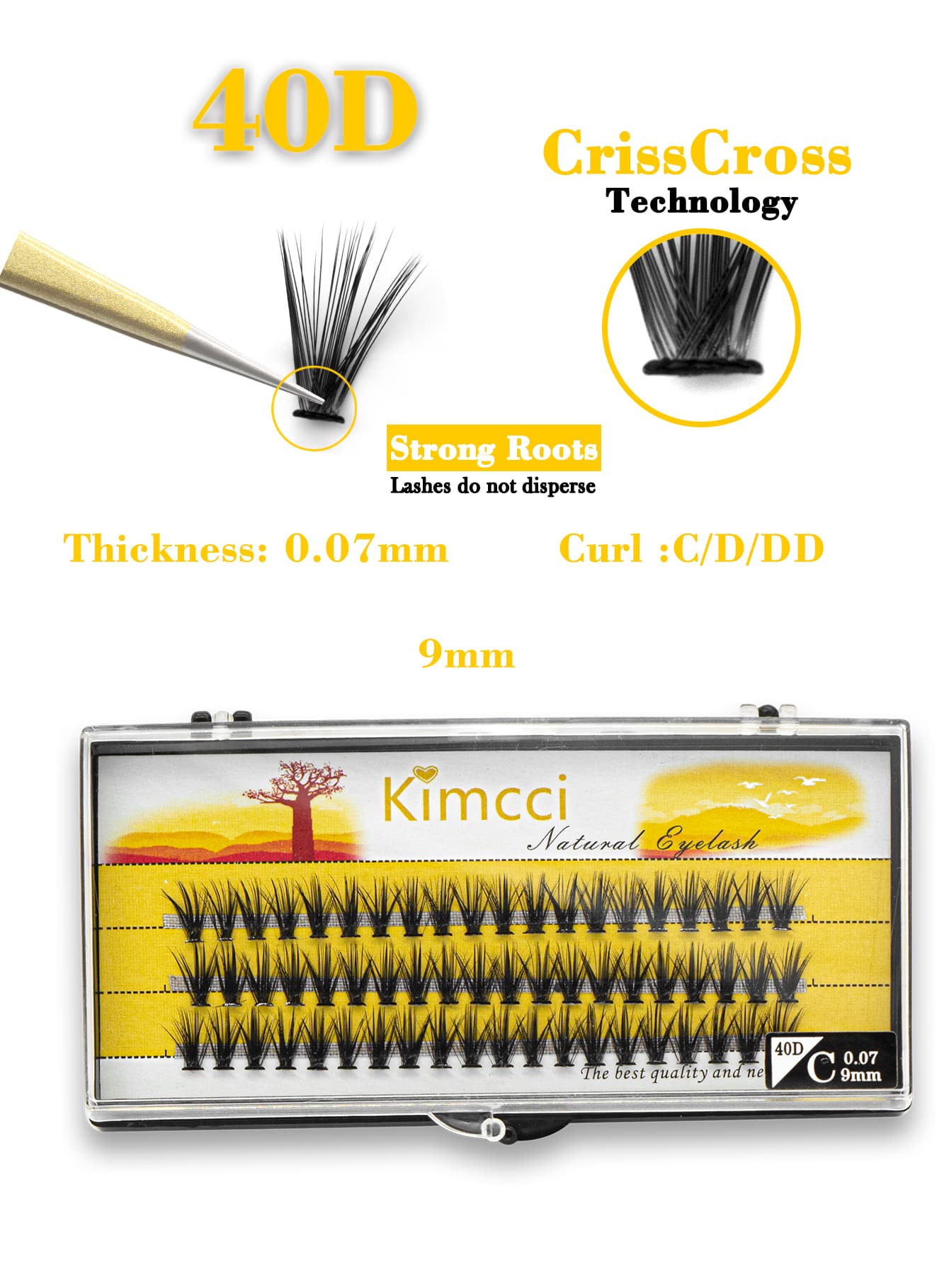 簇睫毛,9mm厚度0.07C/D/Dd捲曲40D濃密卷翹睫毛延長鞭打簇分段睫毛睫毛延長假睫毛 - 黑色 - 查看 1