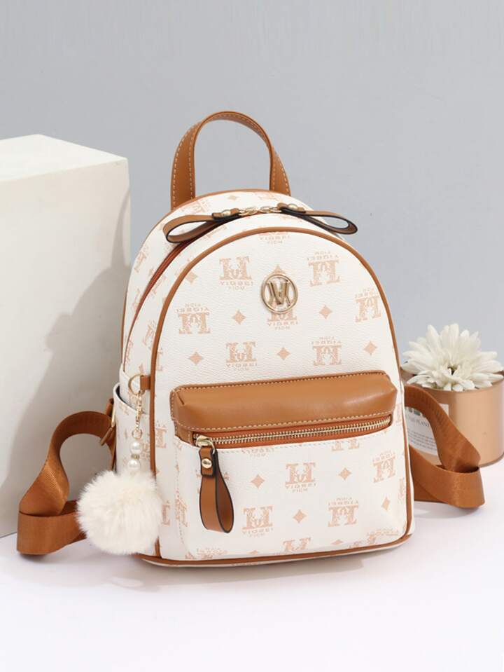 Letter Graphic Classic Backpack With Pom Pom Charm SHEIN UK