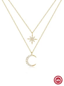 Collar de plata de ley S925 con doble cadena de circonia cúbica, Luna y estrella octogonal, collar de capas finas a la moda para mujer, 1 pieza - Amarillo Oro - Ver 4