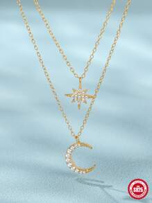 Collar de plata de ley S925 con doble cadena de circonia cúbica, Luna y estrella octogonal, collar de capas finas a la moda para mujer, 1 pieza - Amarillo Oro - Ver 3
