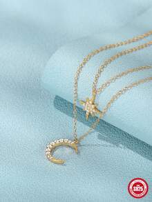 Collar de plata de ley S925 con doble cadena de circonia cúbica, Luna y estrella octogonal, collar de capas finas a la moda para mujer, 1 pieza - Amarillo Oro - Ver 6