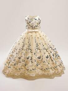 Vestido de gala largo con malla y decoración de flores para niñas preadolescentes, vestido de fiesta elegante para presentaciones escolares, banquetes, sin incluir tocado
