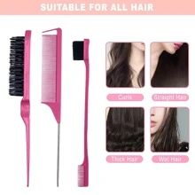 3 Piezas Set De Peines Para Peinado Que Incluye Cepillo De Pelo Para Hacer Crepé, Peine De Colas De Ratón Y Cepillo De Bordes Para Peinar, Cepillar Y Alisar El Cabello Para Mujeres - Rosa - Ver 5